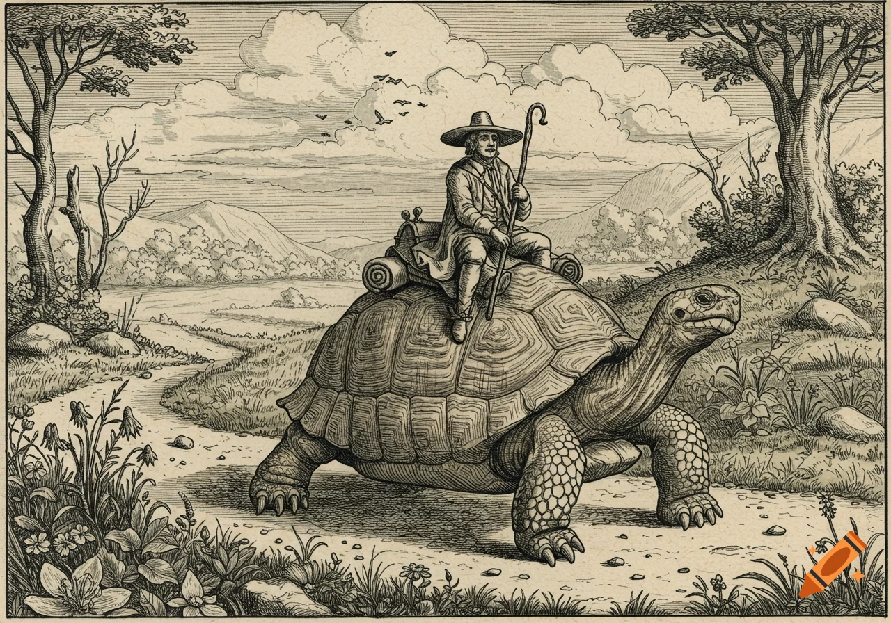 A man riding a large tortoise on a path through a landscape, in a detailed vintage engraving style.
