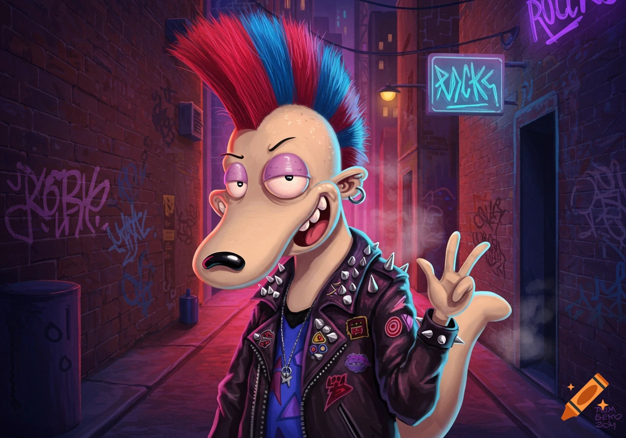 A cartoon punk character with a red and blue mohawk, studded jacket, and earrings stands in a dark city alley with graffiti and neon signs, giving a peace sign.
