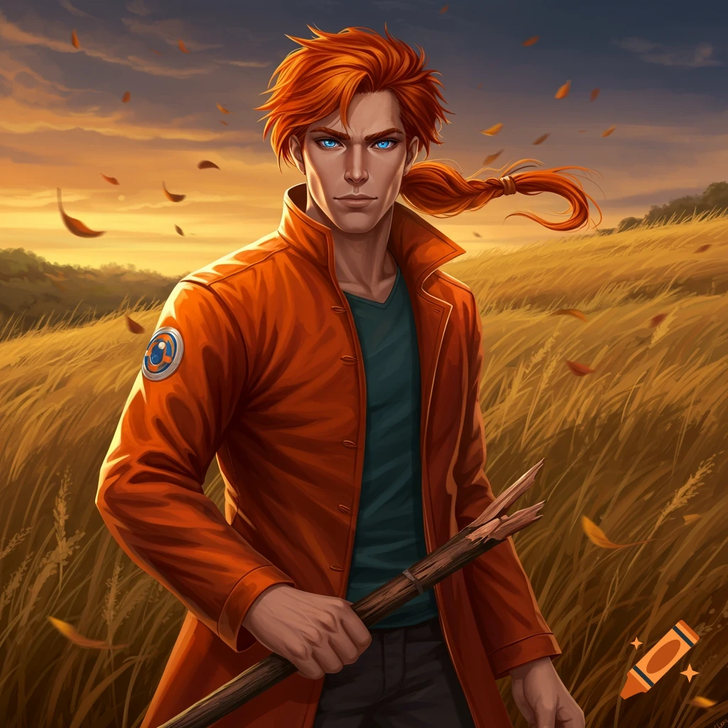 Illustrated orange-haired man with blue eyes in an orange jacket holding a broken cane in a golden field.