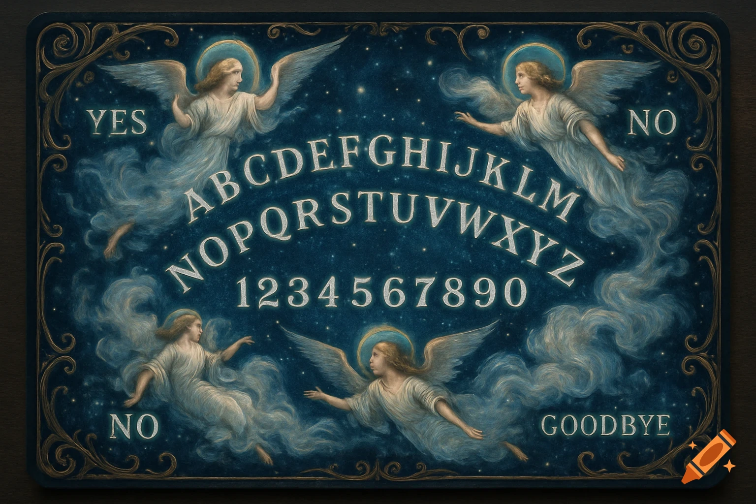 A vintage-style Ouija board with a celestial dark blue background featuring four angelic figures floating on clouds among stars. White letters, numbers, YES, NO, and GOODBYE are arranged on the board.