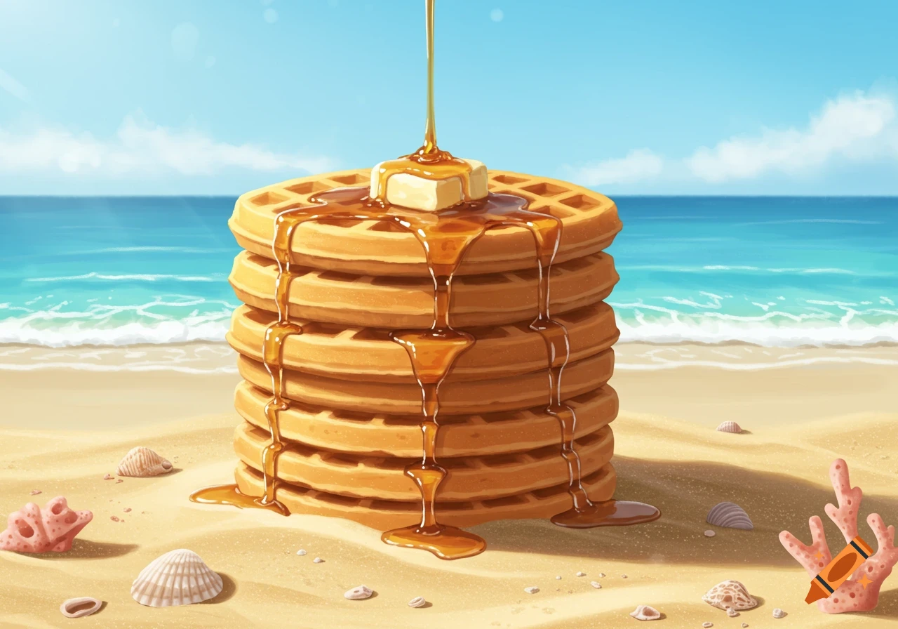 An illustration of a stack of waffles with syrup and butter on a sandy beach with seashells and the ocean.