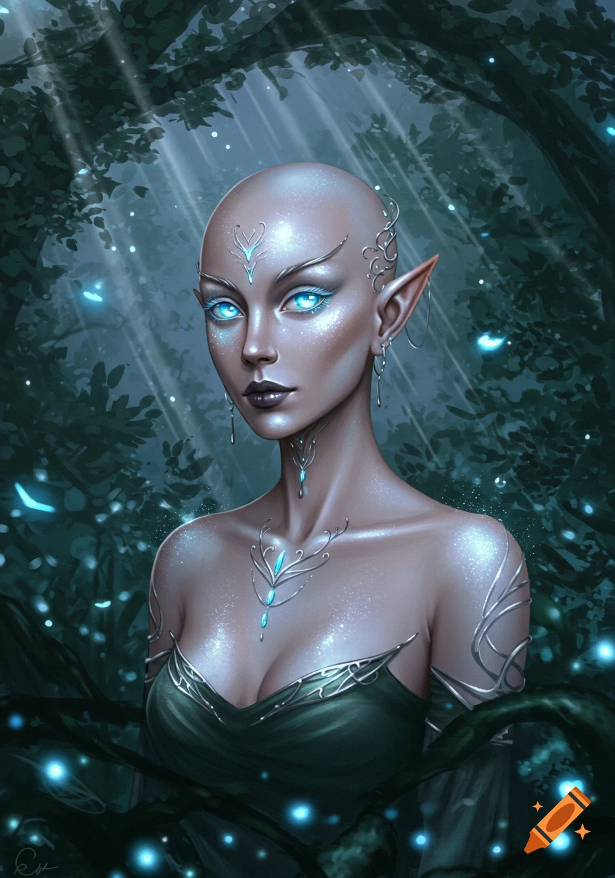 A bald elf woman with glowing blue eyes and silver adornments in a mystical forest.