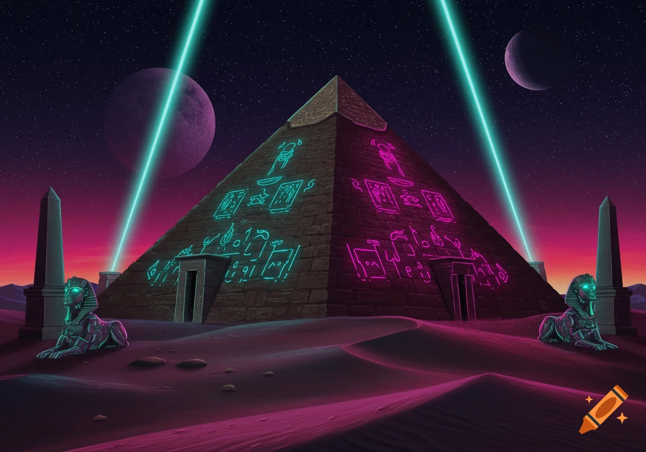 A glowing neon pyramid with ancient symbols sits in a futuristic desert landscape under a starry sky with planets and laser beams. Cyberpunk sphinxes guard the pyramid.