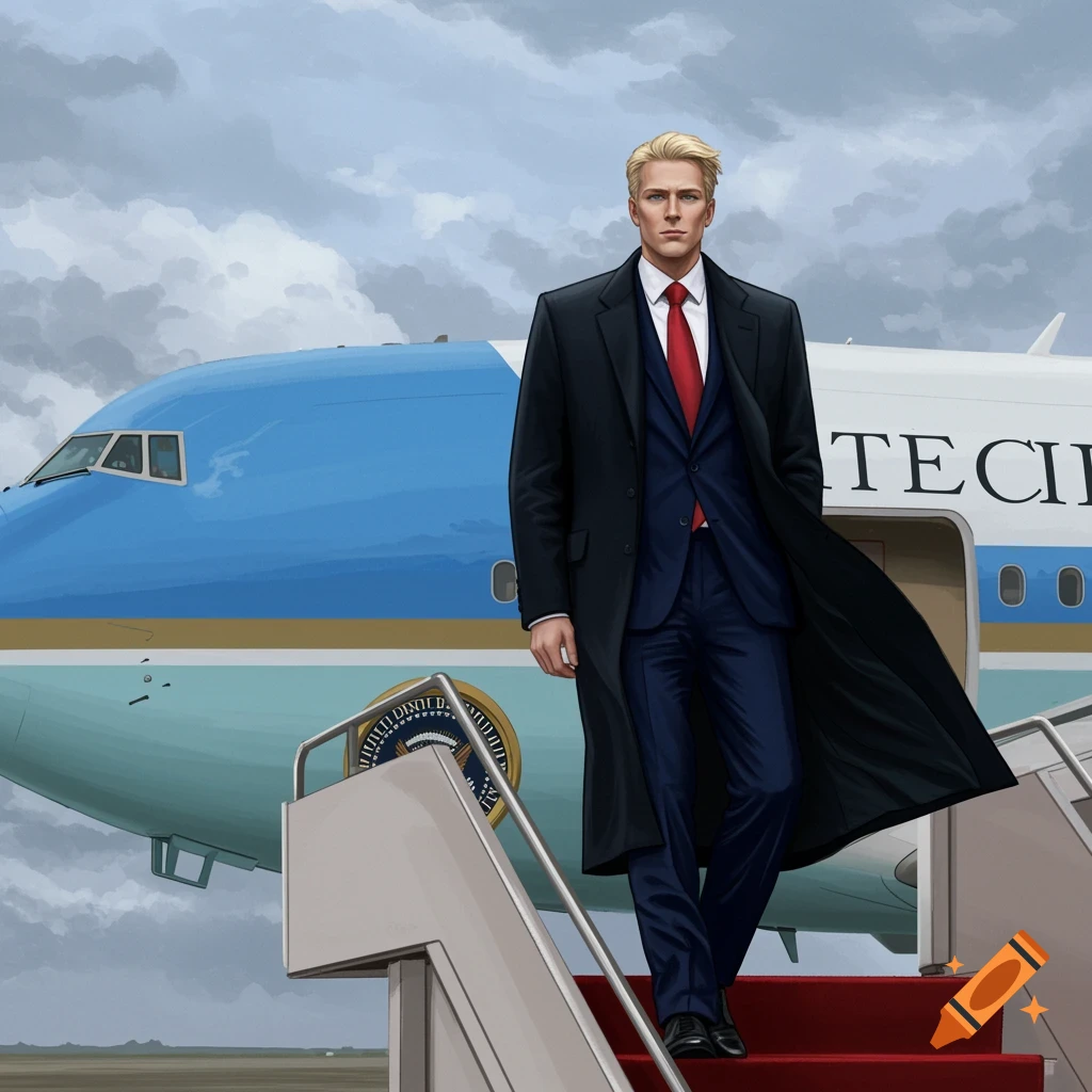 A blonde man in a suit and black coat descends red stairs from a blue and white airplane, Air Force One, under a cloudy sky. Illustrated style.