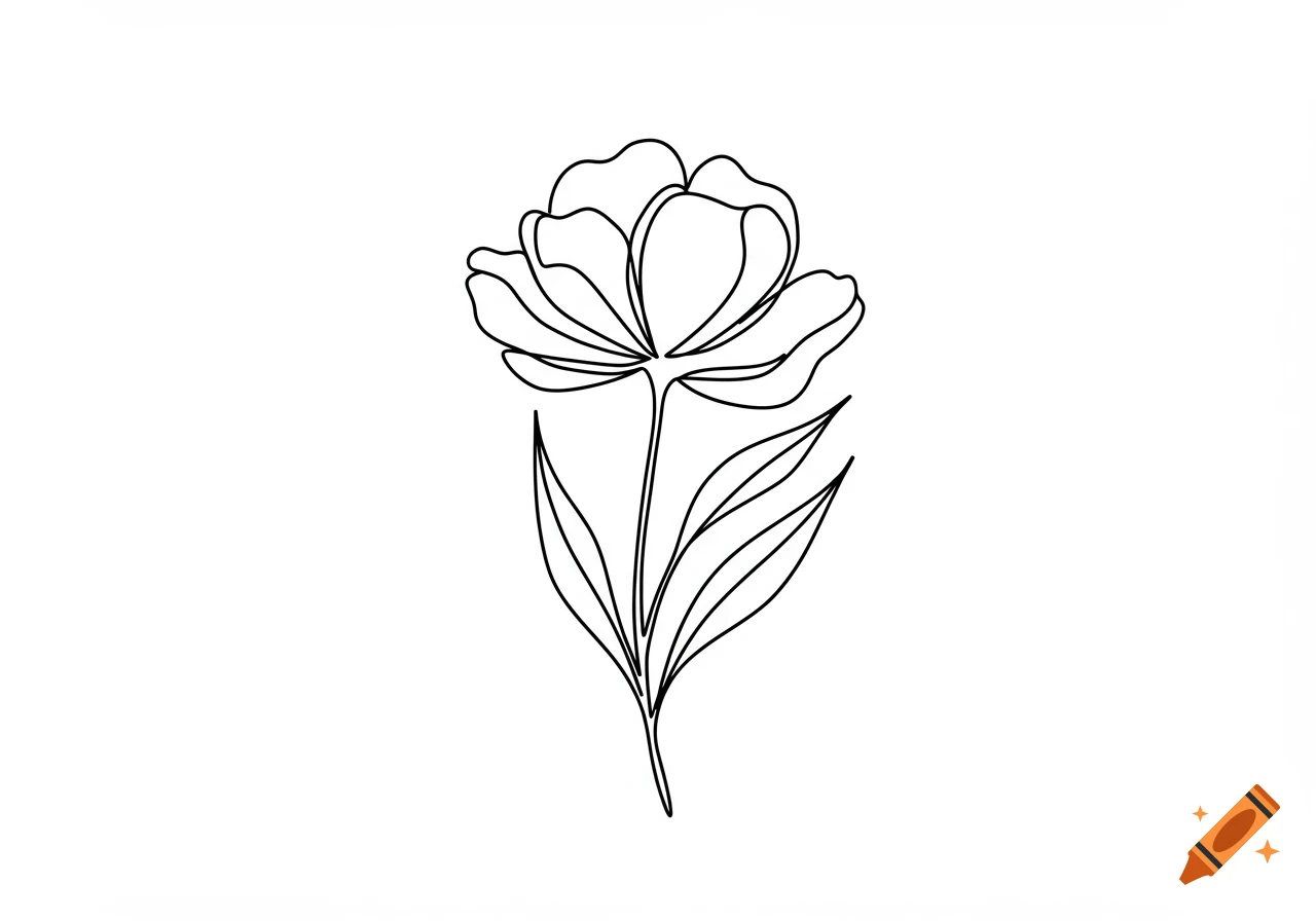 Minimalist black line art drawing of a flower on a white background.