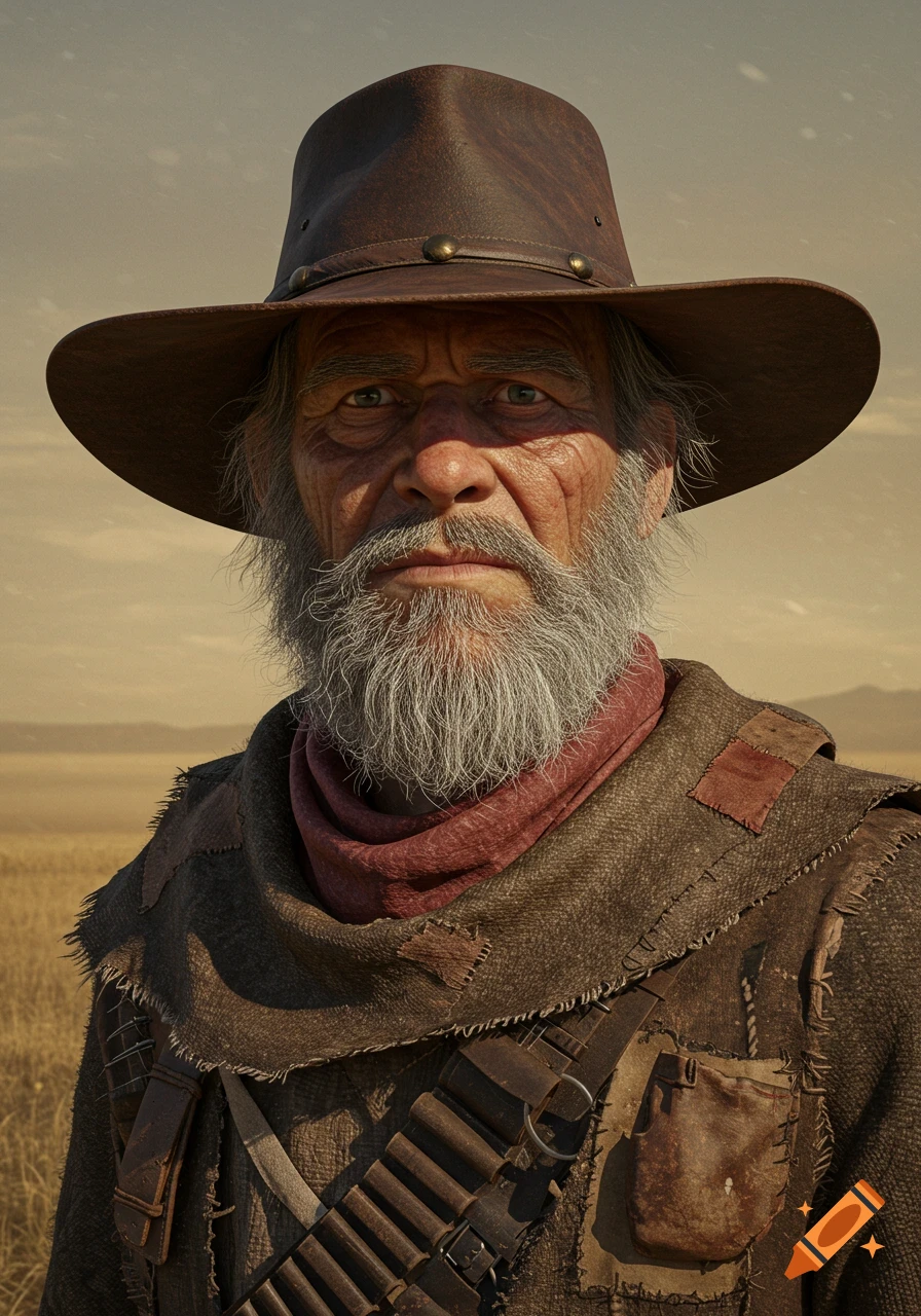 Close-up photorealistic portrait of an old man with a grey beard and brown hat, dressed in rustic Western attire in a dry field.