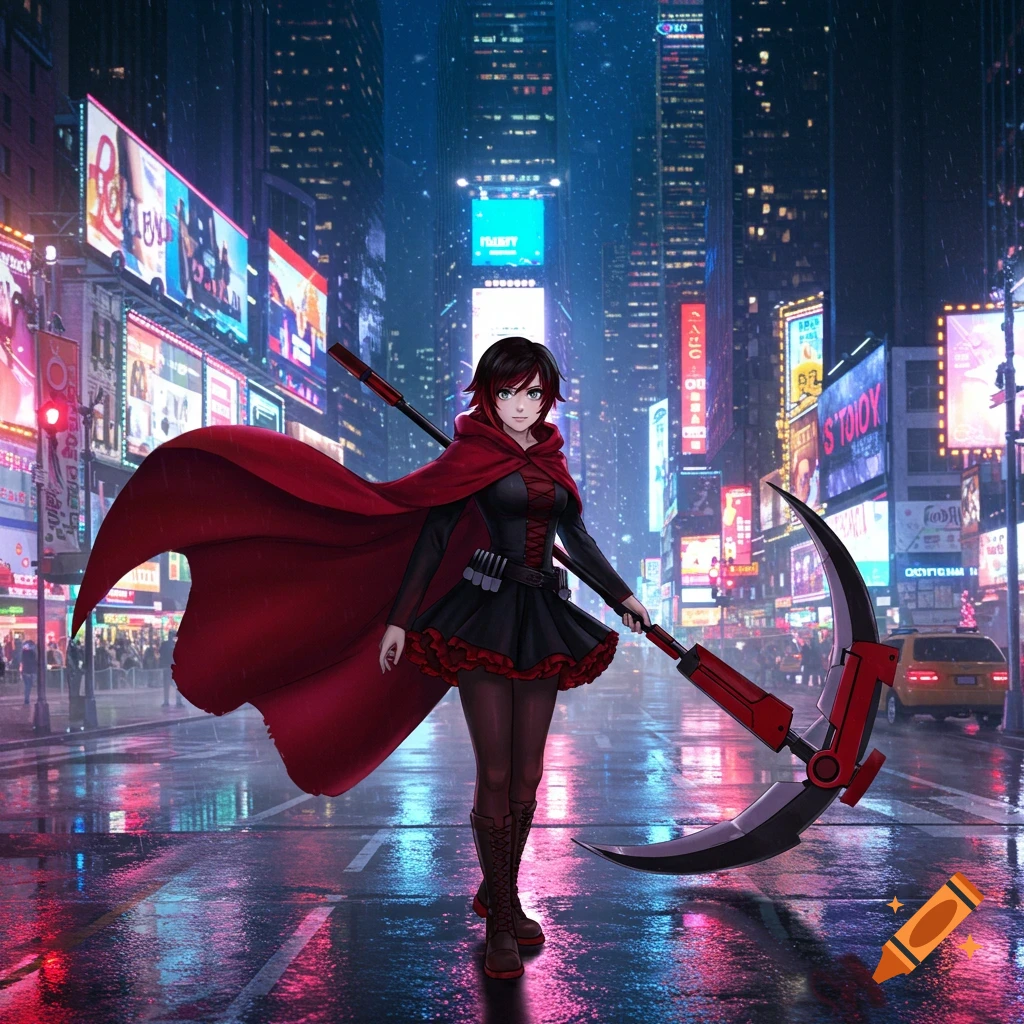 Anime character Ruby Rose in a red cape and black outfit stands in a rainy, neon-lit cyberpunk city street with a large scythe.