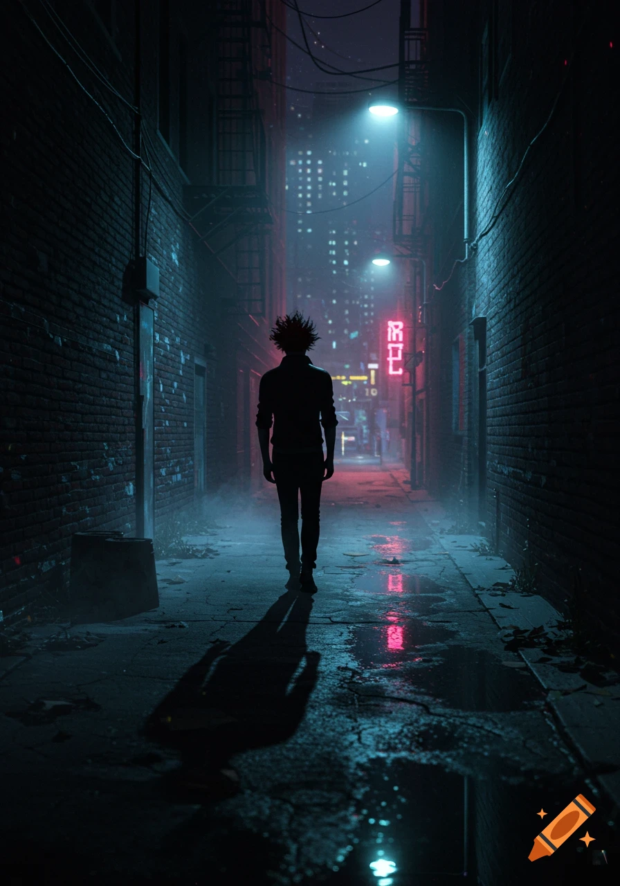 A person stands silhouetted in a dark, atmospheric city alley at night, lit by neon signs and streetlights reflecting on wet pavement.