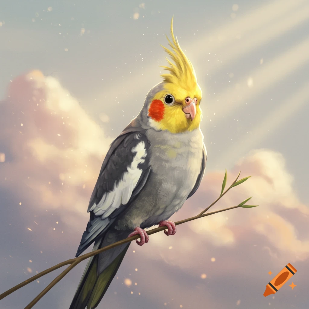 A colorful cockatiel with a yellow crest perched on a branch against a bright, cloudy sky in a digital art style.
