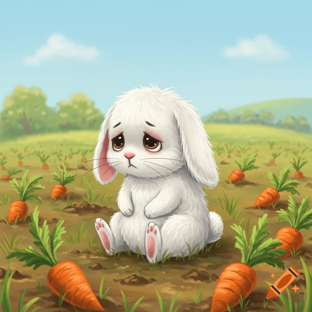 A cartoon drawing of a sad white rabbit sitting in a field of carrots under a blue sky.