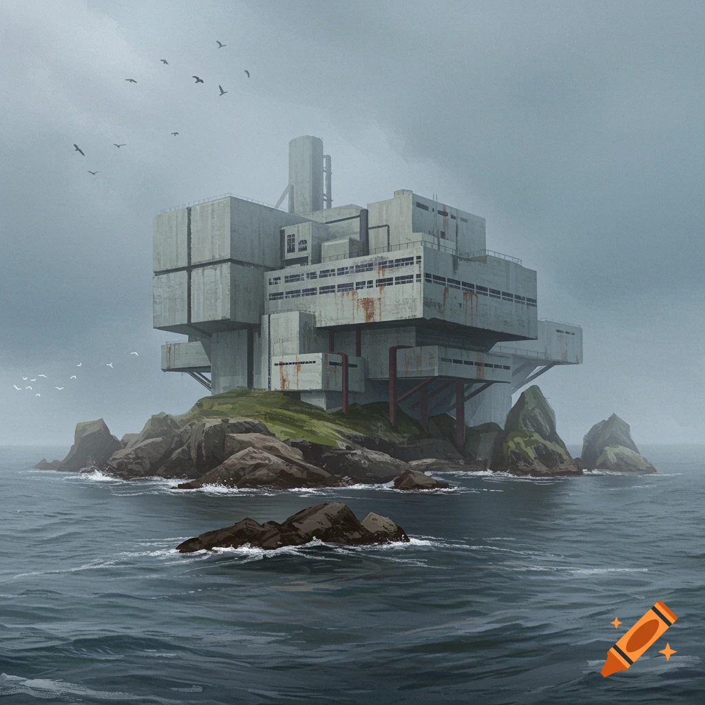 An ominous brutalist research facility on a small rocky island in a turbulent grey sea under a foggy sky, in oil painting style.