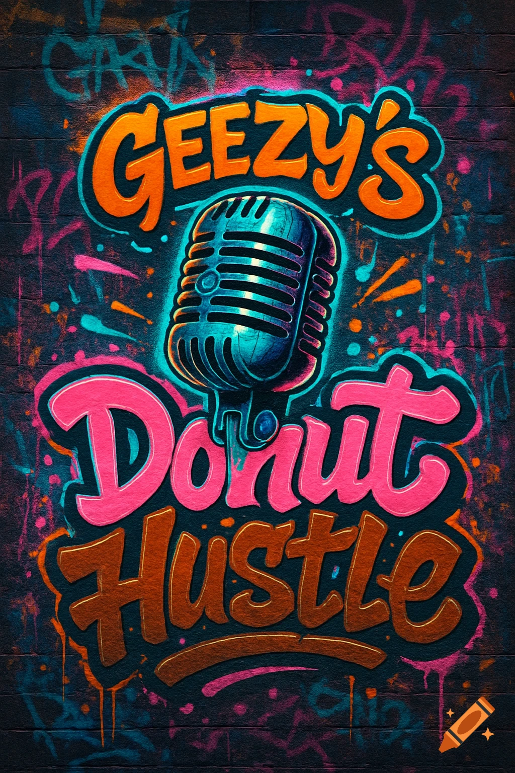 Vibrant graffiti logo for 'Geezy's Donut Hustle' with a vintage microphone on a brick wall.