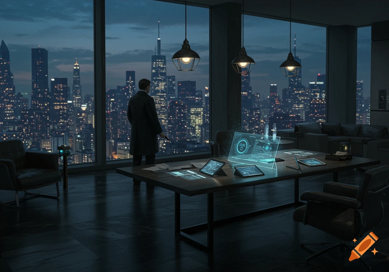 A man in a coat stands in a futuristic office, looking out at a city skyline at night, with glowing holographic displays on the table.