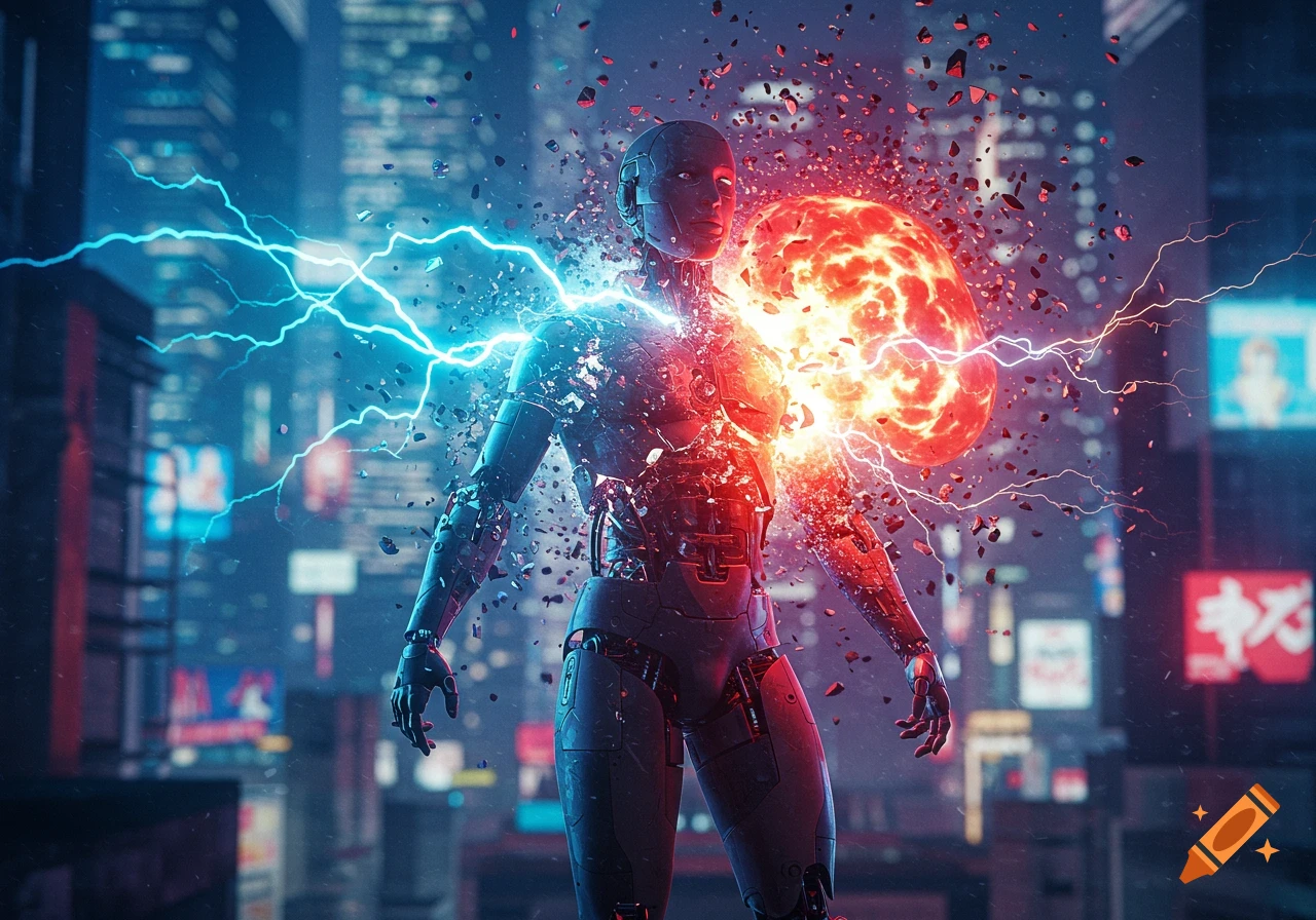 A robot bursts with red and blue energy, amidst scattered debris, in a futuristic city at night. Photorealistic.
