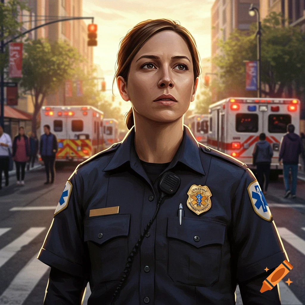 A photorealistic image of a female EMT in uniform standing on a city street with ambulances in the background at sunset.