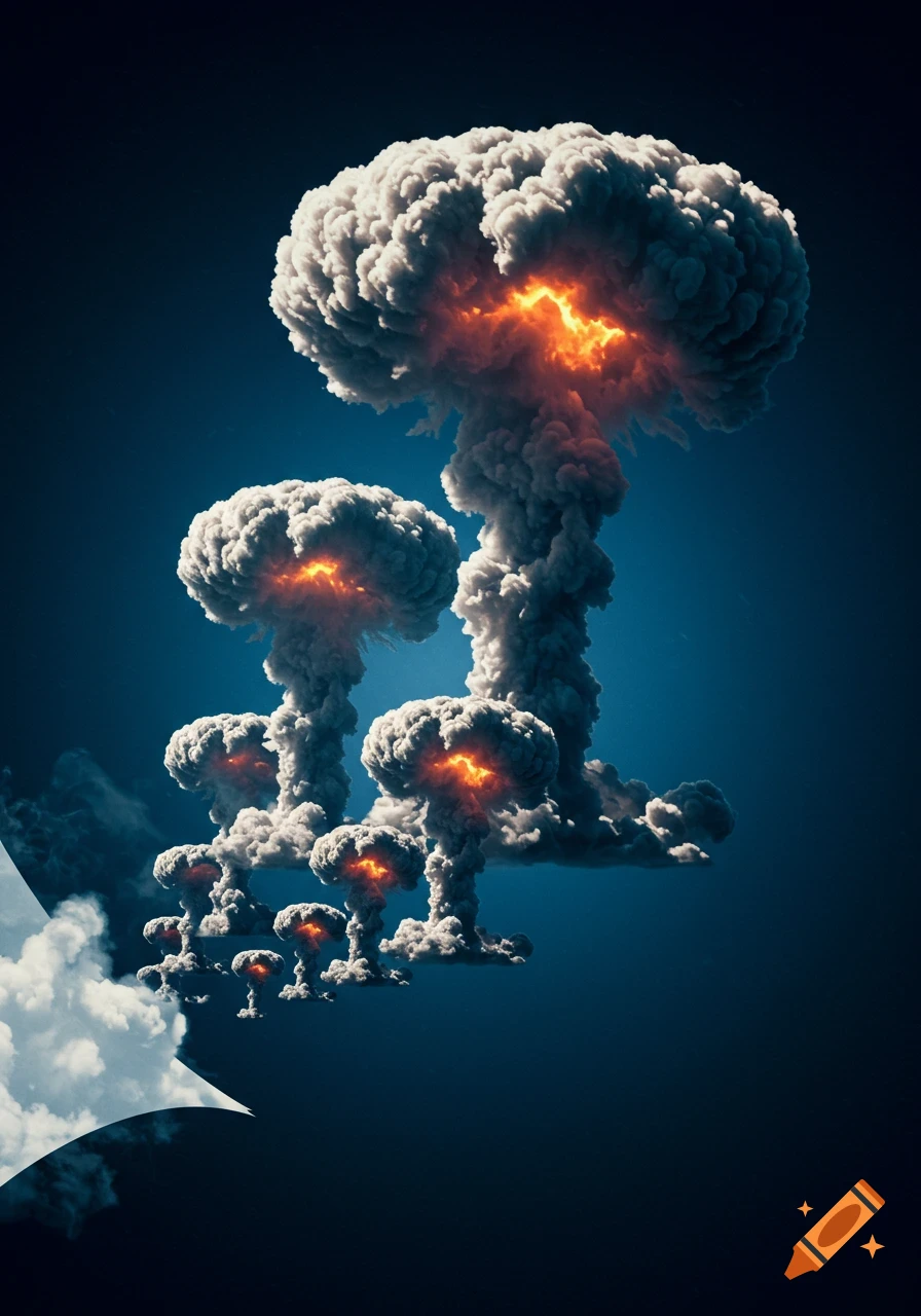 A series of photorealistic atomic bomb mushroom clouds rise from a cloud-like speech bubble against a dark blue sky.