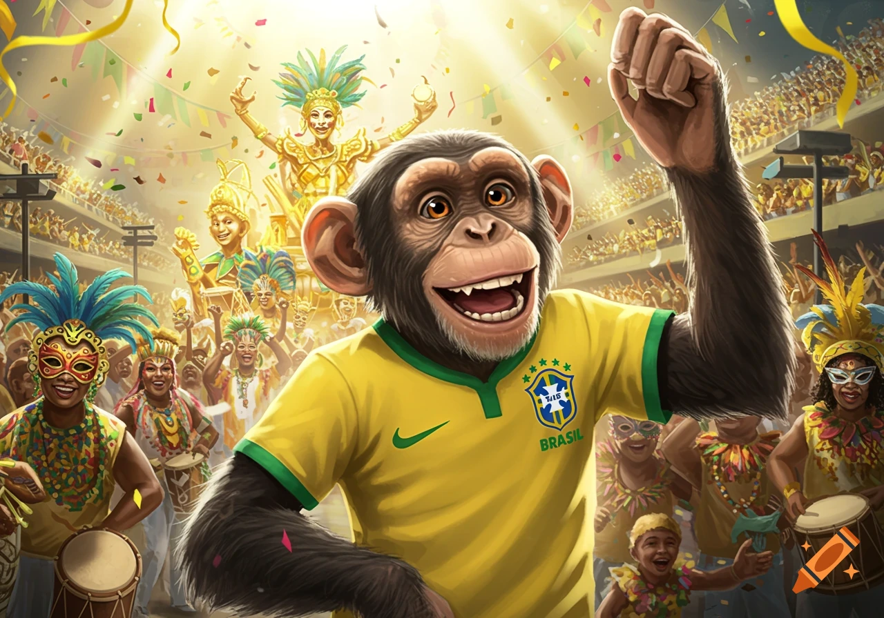 A chimpanzee in a yellow Brazil soccer jersey celebrates at a vibrant carnival, surrounded by people in festive costumes.