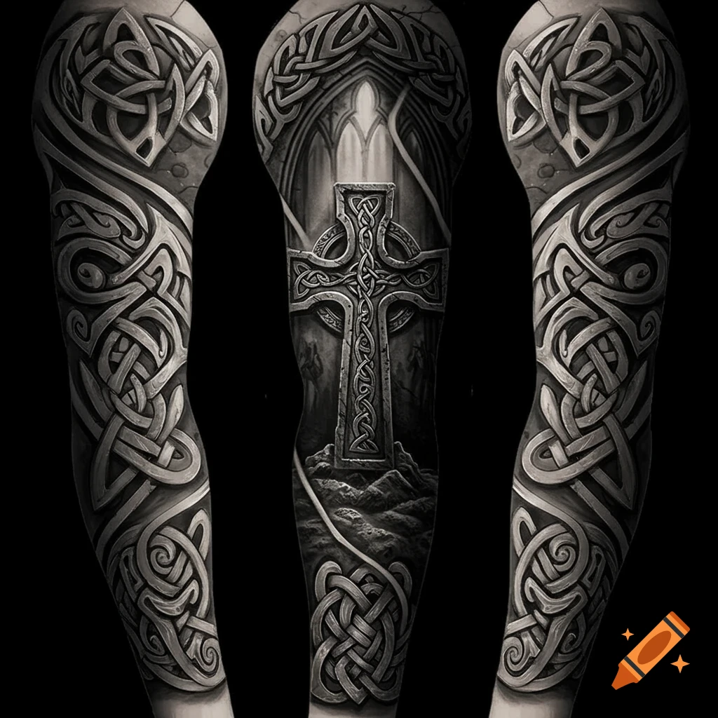 A black and white Celtic sleeve tattoo design featuring intricate knotwork patterns and a central large cross.
