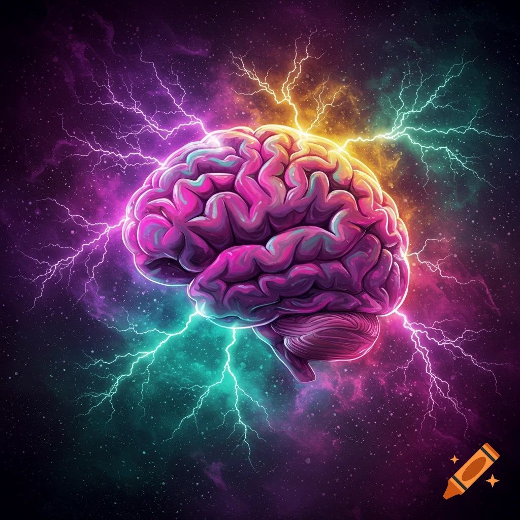 A vibrant, psychedelic brain with lightning bolts against a starry space background.