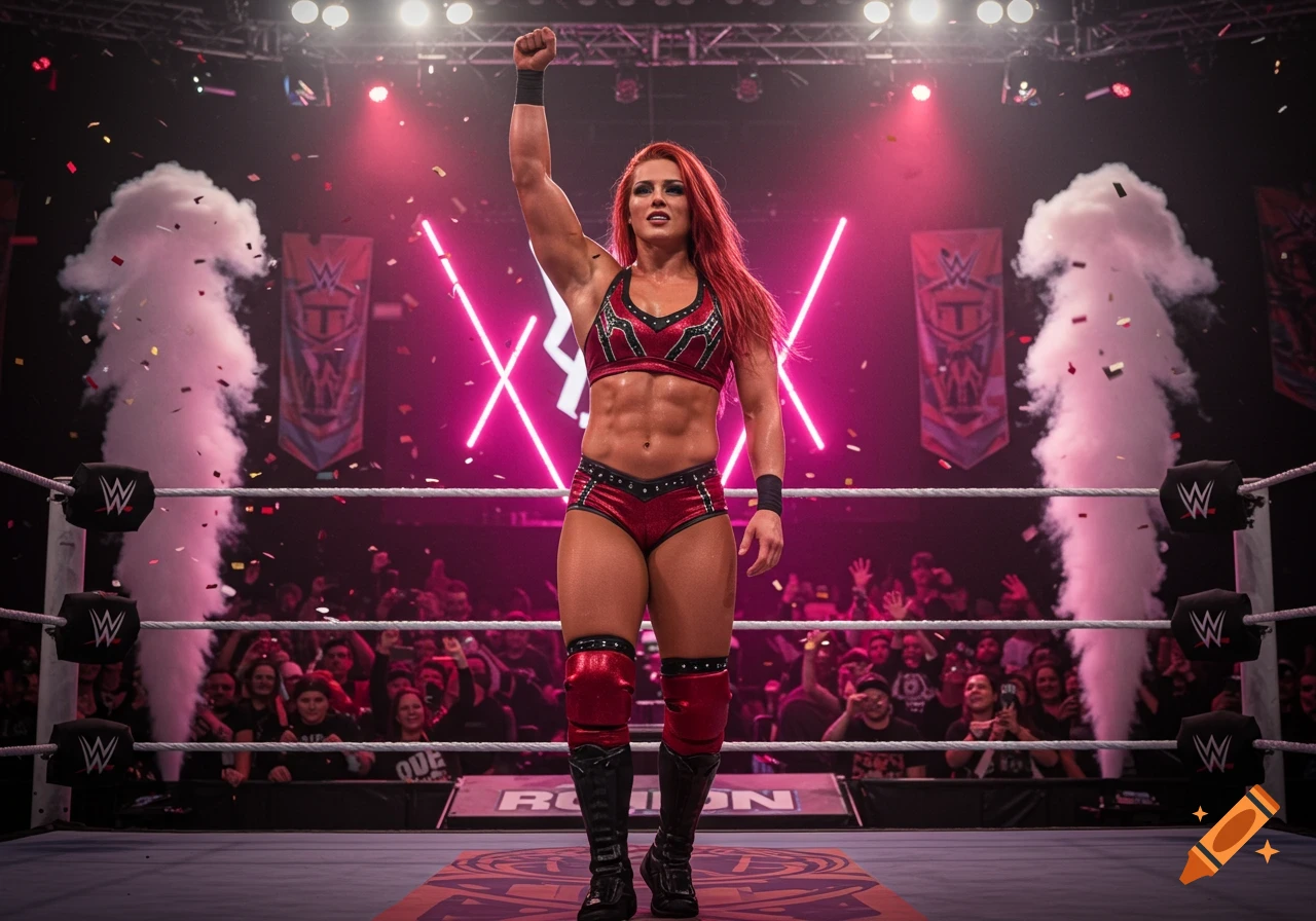 Muscular female wrestler in red and black raises fist in a wrestling ring with smoke, confetti, and pink lights, in a photorealistic style.