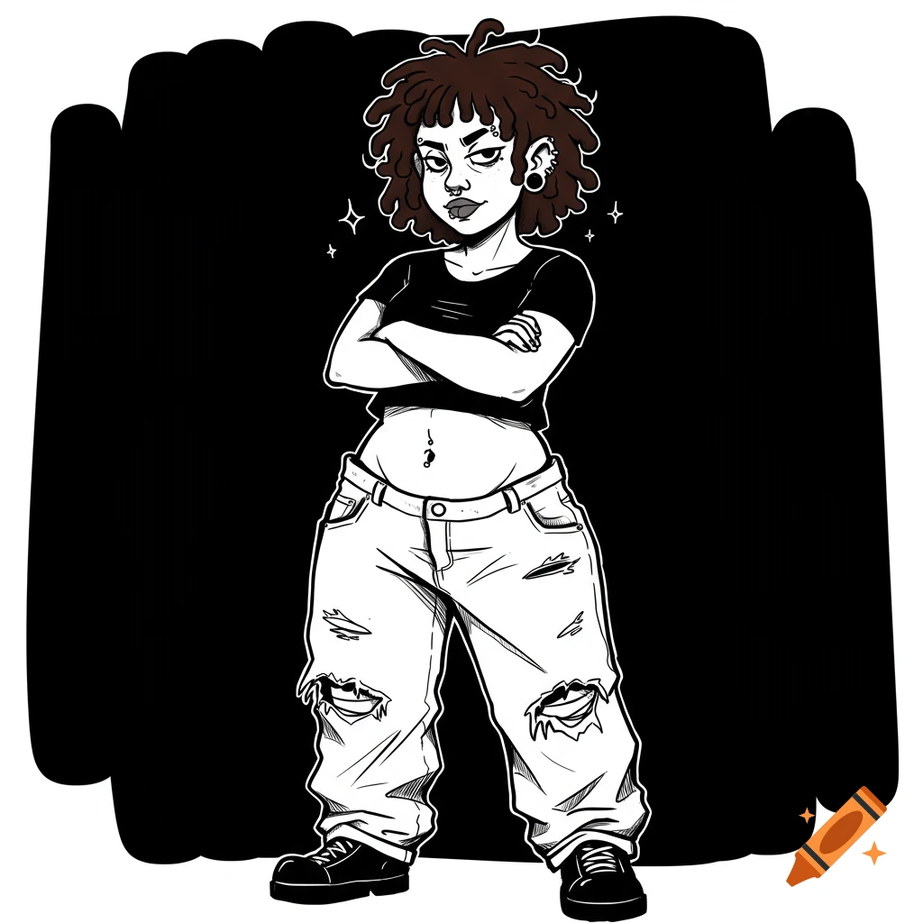 Grungy Y2K sketch of a confident girl with curly brown hair, piercings, black crop top, and ripped baggy jeans.