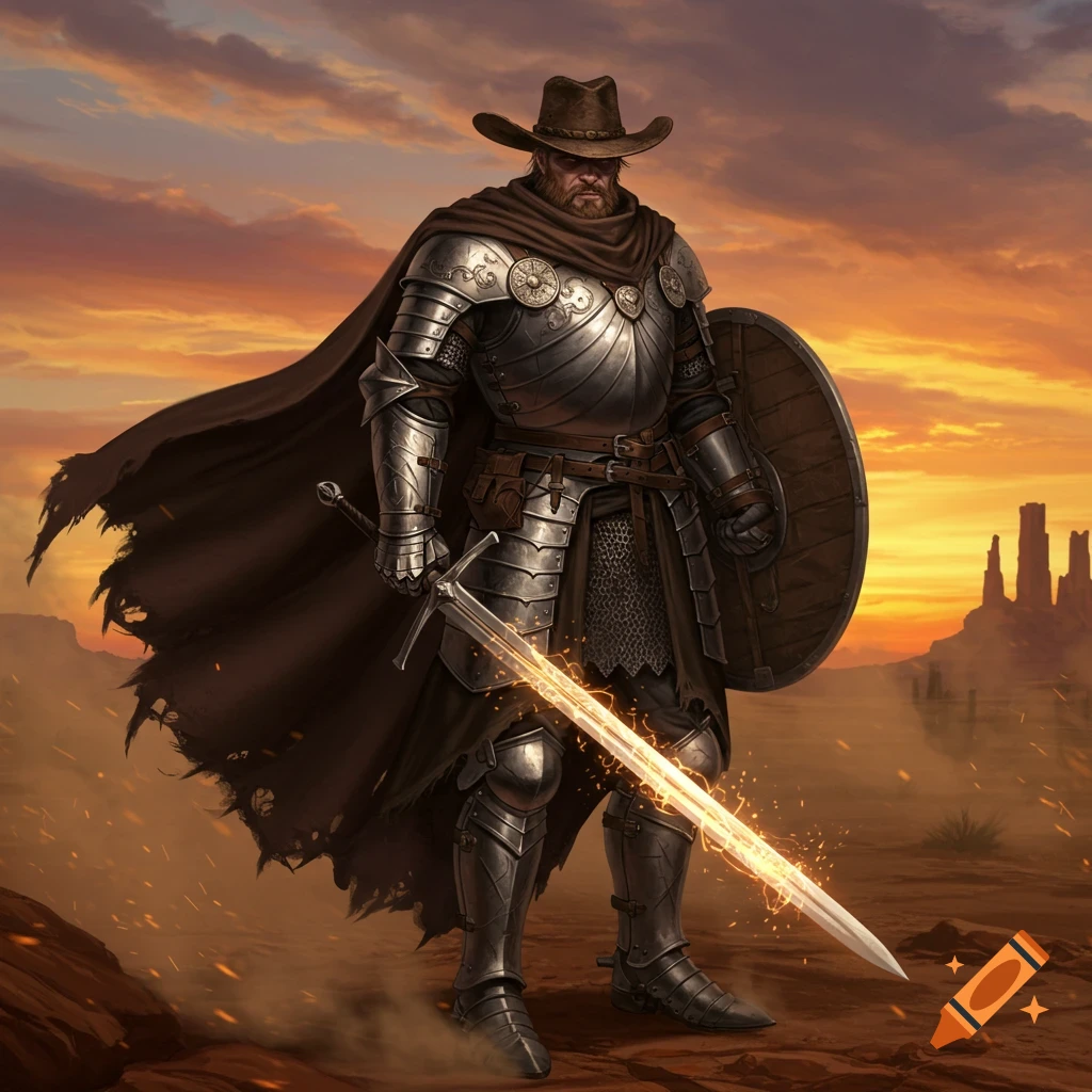 A formidable armored paladin wearing a cowboy hat stands in a desert at sunset, holding a glowing sword and a shield.