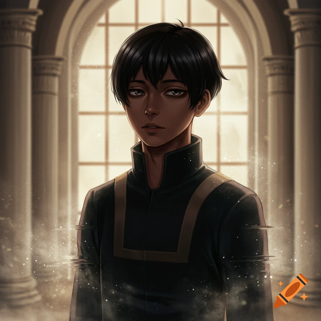 Anime portrait of a dark-skinned boy with black hair and grey eyes in a black uniform, standing in a hall with an ethereal glow.