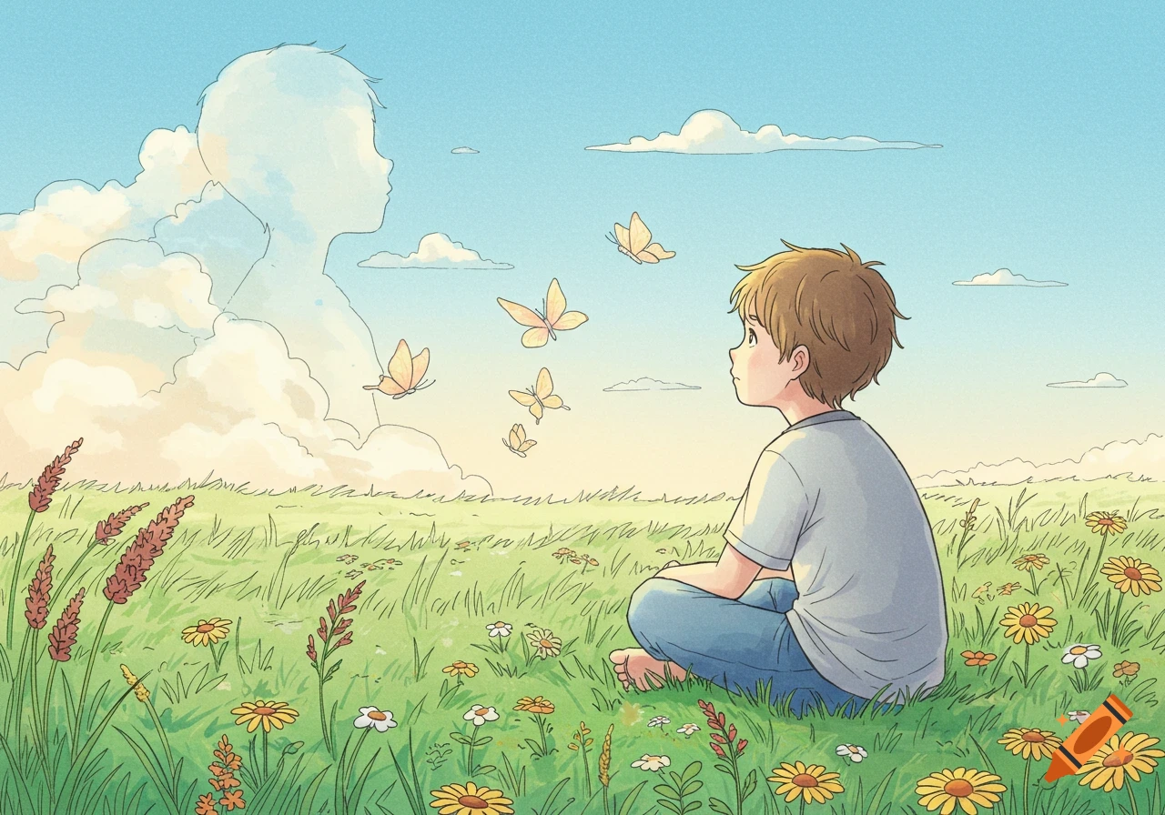 A boy sits in a grassy field looking up at a cloud in the shape of a child's silhouette, with butterflies flying around.