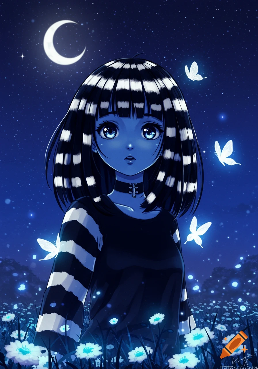 Blue-skinned anime girl with striped black hair in a field of glowing white flowers at night under a starry sky with a crescent moon and butterflies.