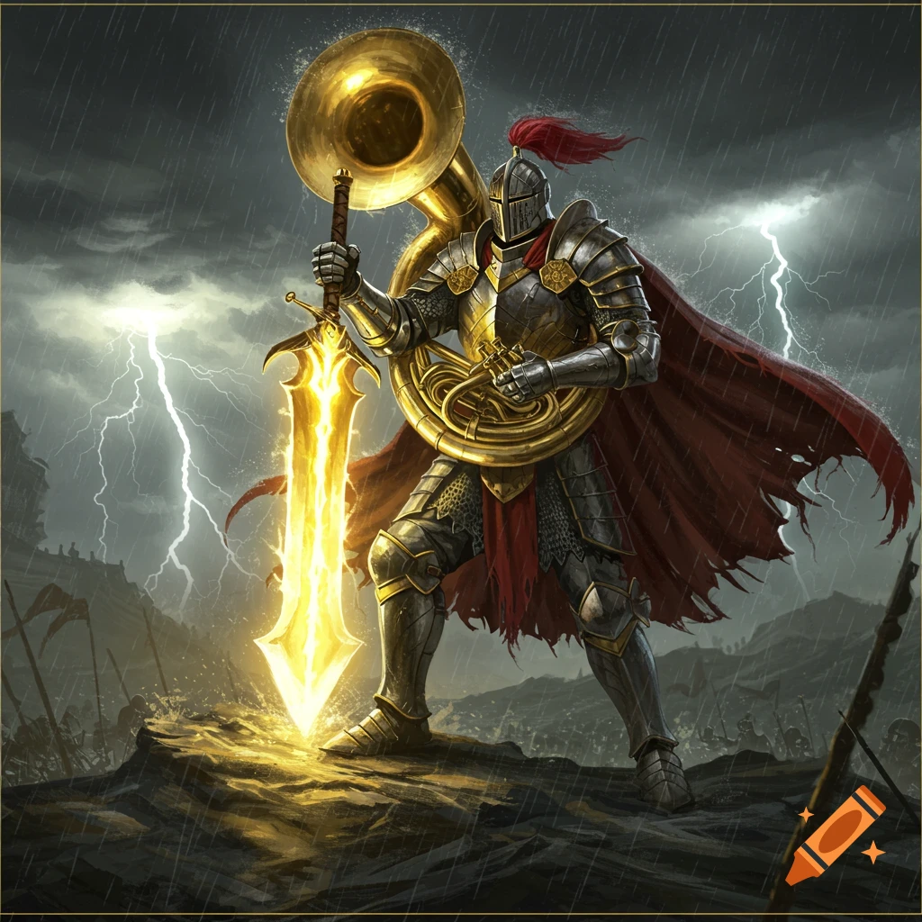 A knight in armor holds a glowing sword and a tuba on a stormy battlefield with lightning.