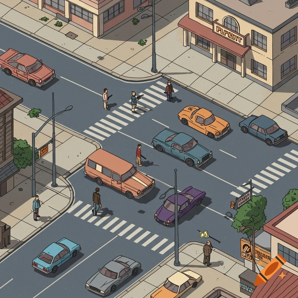 An isometric cartoon-style illustration of a city street with cars, pedestrians, and buildings, reminiscent of PS2-era video games like GTA3.