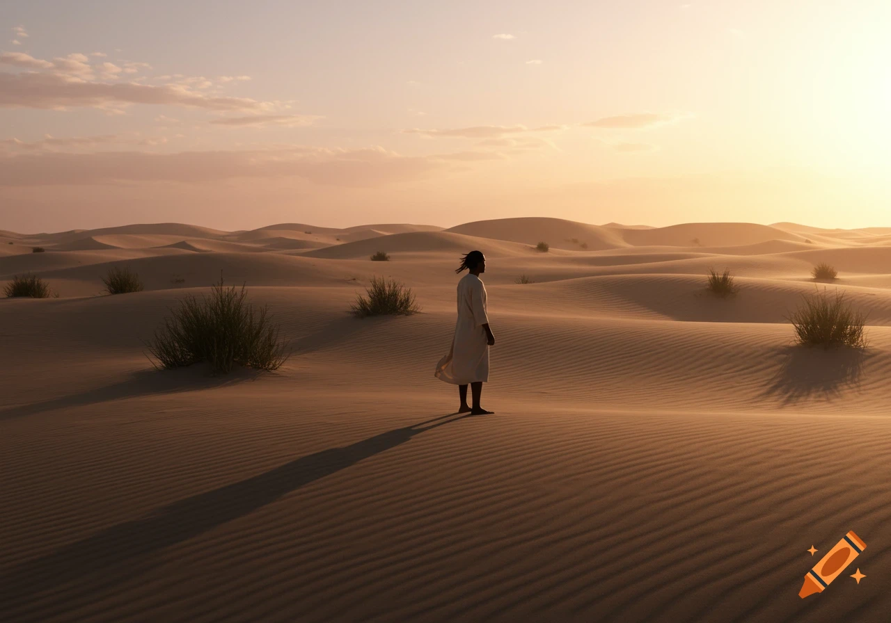 A person in a light robe stands amidst vast sand dunes and sparse bushes at sunrise in a desert.