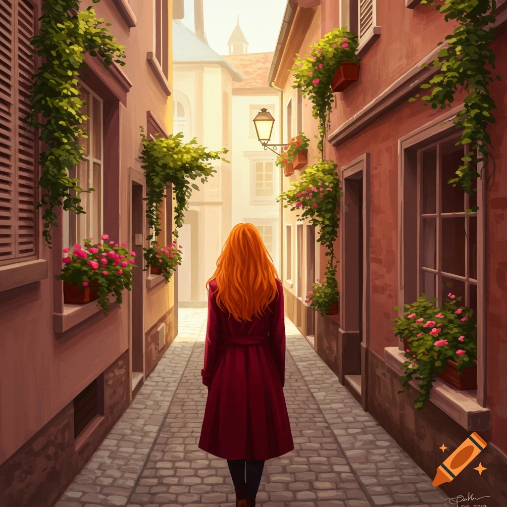 A redhead woman in a long coat walks down a cobblestone alley lined with buildings and flower boxes in a warm, illustrative style.