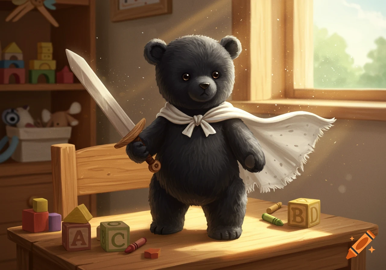A black teddy bear knight with a white cape and wooden sword stands on a table in a sunlit child's room with building blocks.