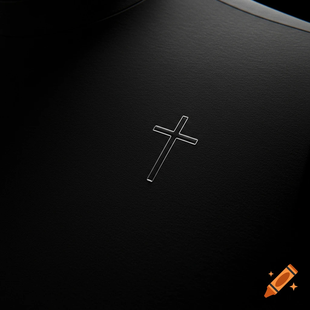 A subtle silver cross on the top corner of a black, textured shirt.