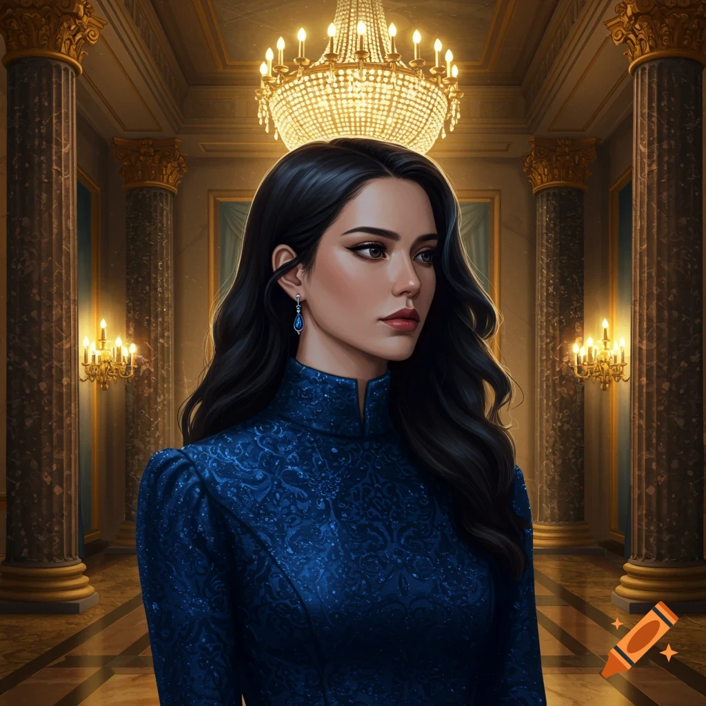 Digital painting of a woman with dark hair in an ornate blue dress standing in a grand palace hall.