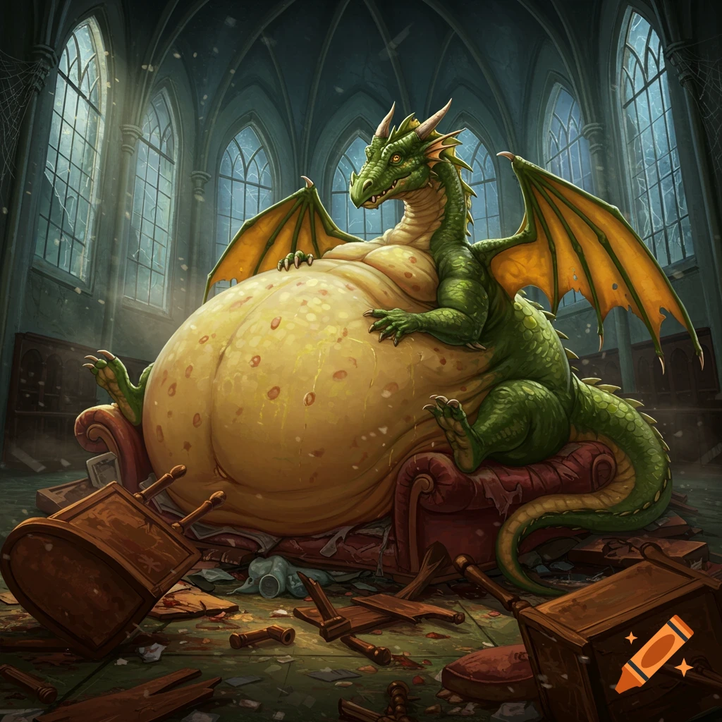 A large, green dragon with an incredibly bloated yellow belly sits on a damaged red sofa amidst broken furniture in a gothic hall.