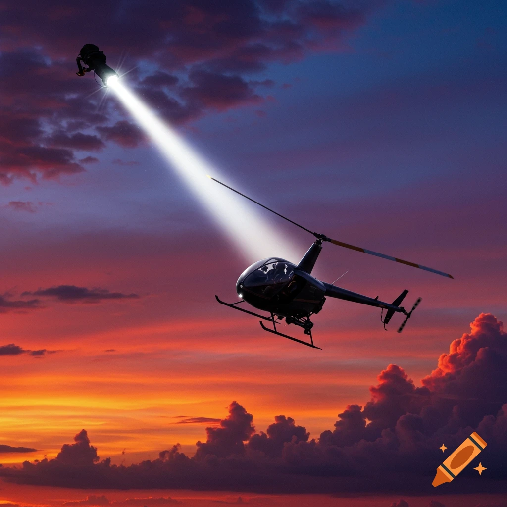 A dark helicopter flies against a vibrant orange and purple sunset sky, with a bright searchlight beam pointing upwards.