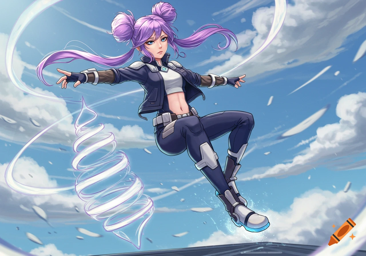Anime girl hero with purple hair floating in a blue sky with clouds, surrounded by glowing wind currents.