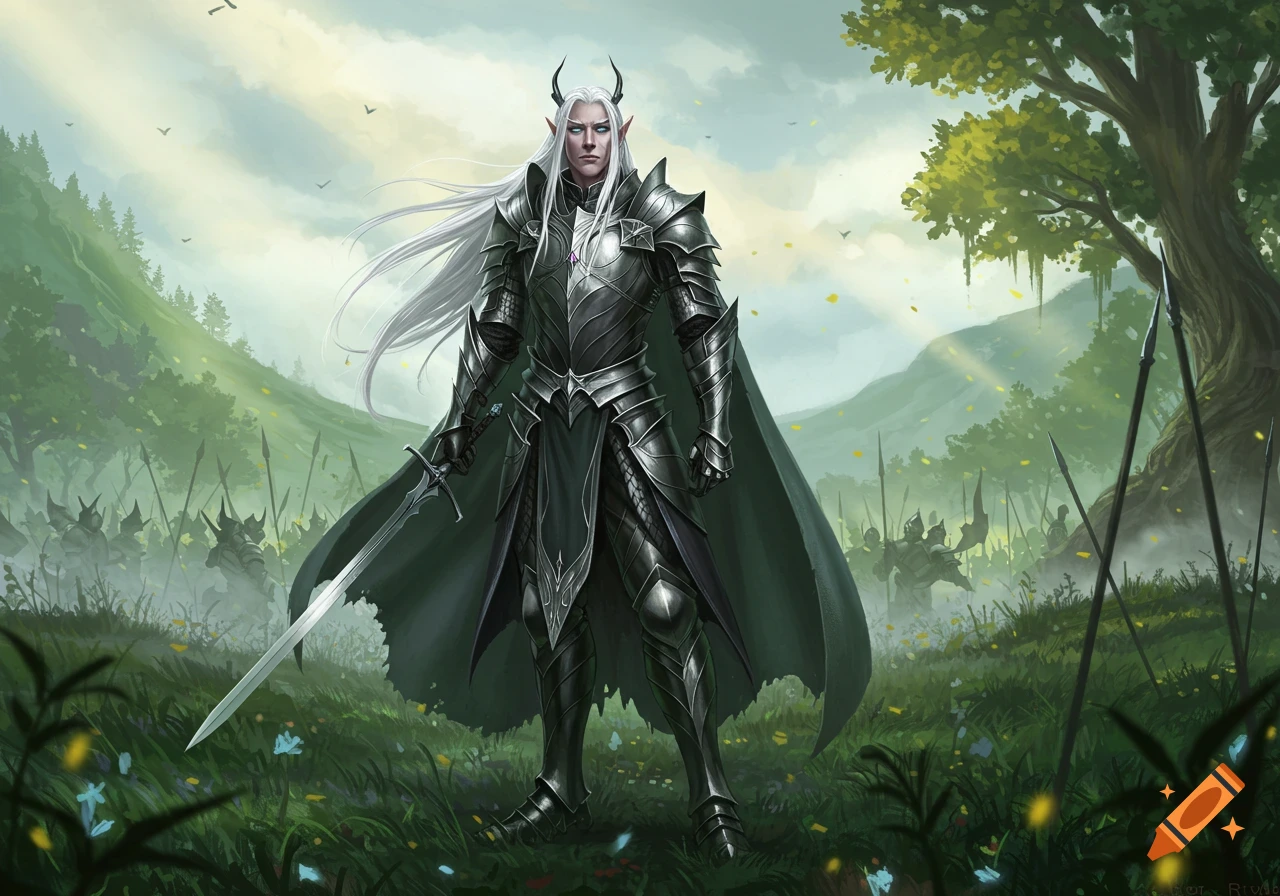 An elf commander with long white hair and horns stands in dark armor, holding a sword in a forest clearing with an army behind him.