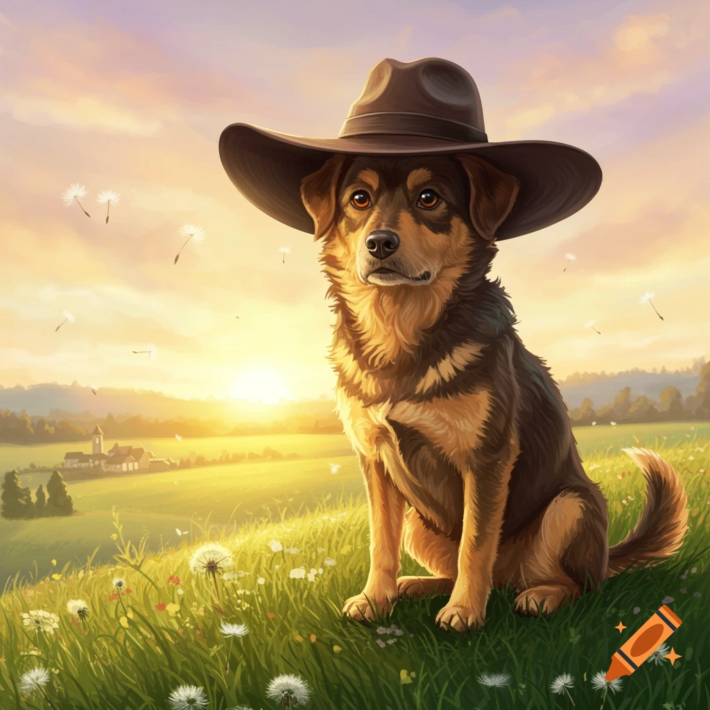 A dog wearing a cowboy hat sits in a sunny green field with dandelions at sunset, in a painterly style.