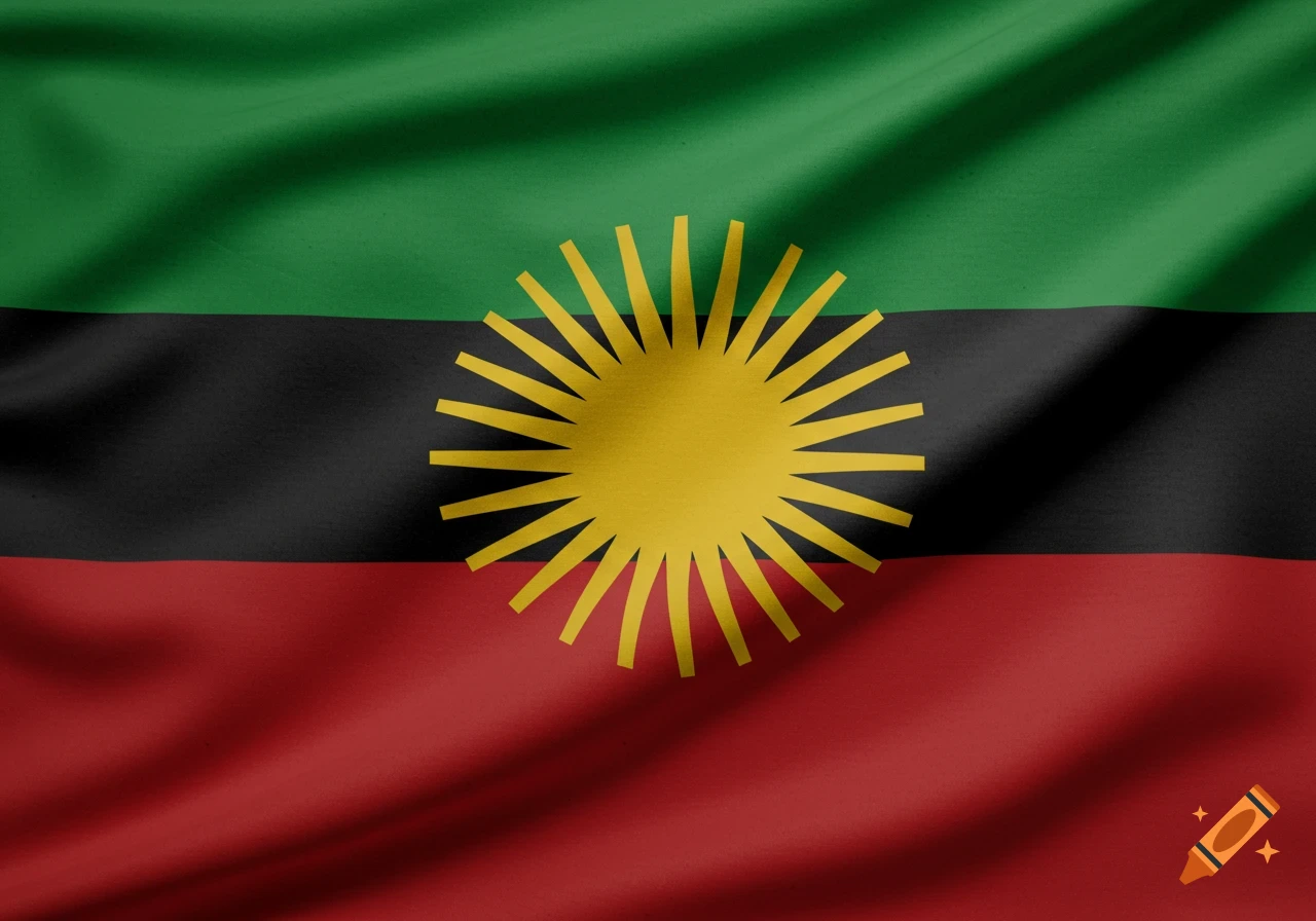 A Biafra flag with green, black, and red horizontal stripes, featuring a yellow rising sun symbol at its center, with a slight wavy effect.