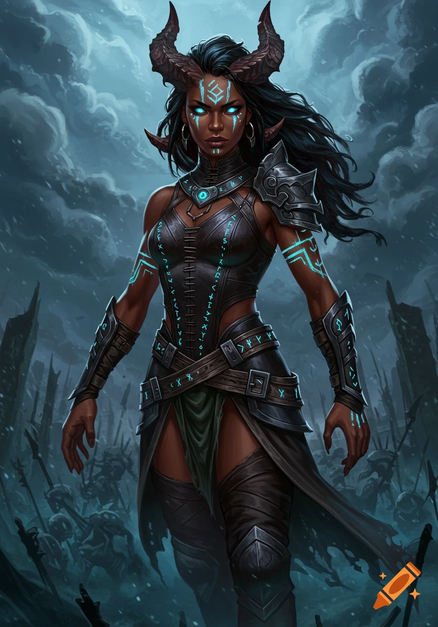 A dark-skinned horned woman with glowing blue markings stands confidently in a desolate, snowy fantasy landscape.