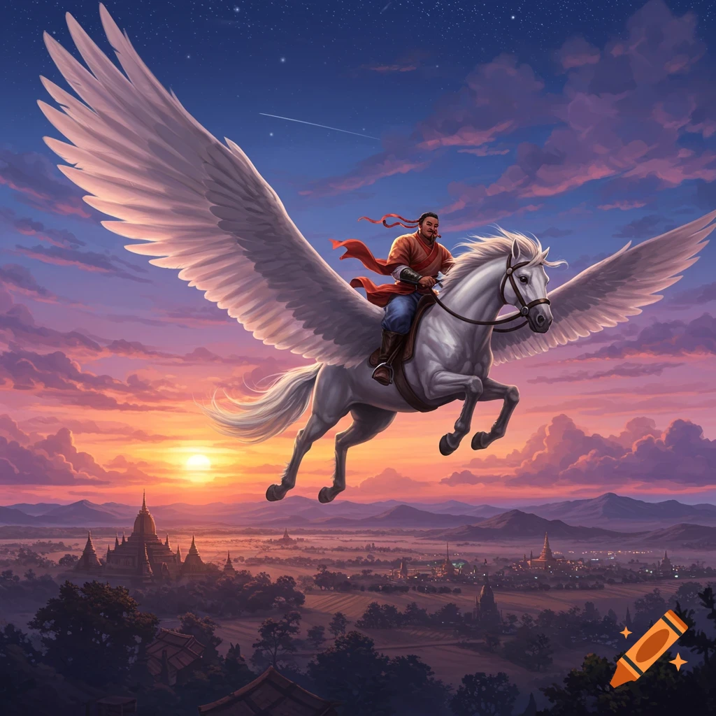 A person rides a white winged horse high above a landscape with ancient temples at sunset, against a star-filled sky. Illustration.