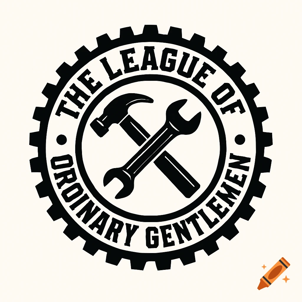 A black and white logo featuring crossed hammer and wrench inside a cogwheel, with "THE LEAGUE OF ORDINARY GENTLEMEN" text.