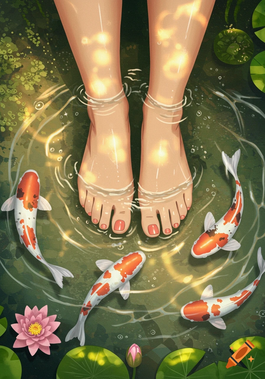Illustrative view of feet submerged in a pond with orange and white koi fish, green lily pads, and a pink water lily.