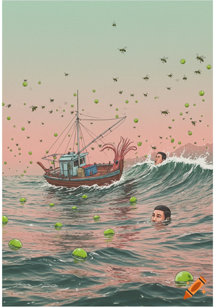A surreal illustration of a boat with squid tentacles in rough, pink-hued ocean waters, surrounded by green orbs and flying bees, with two men's heads emerging from the waves against a gradient sky.