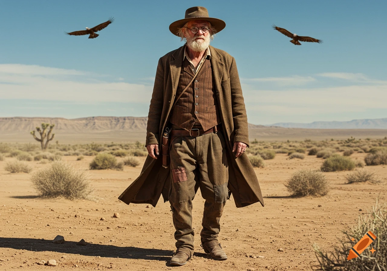 A grizzled old man with a beard and hat stands in a vast desert landscape under a clear sky with two eagles flying.