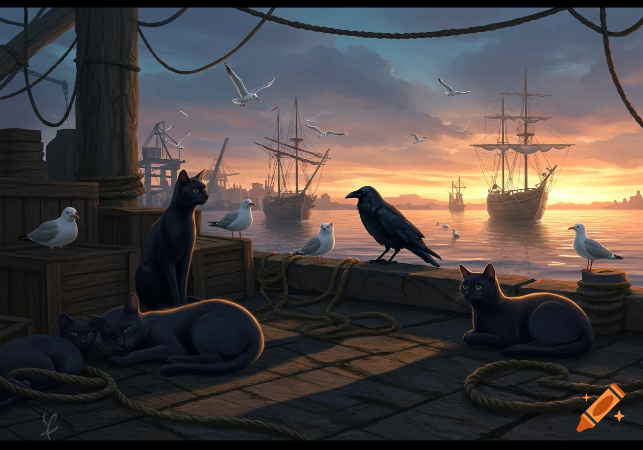 Black cats and birds on a wooden dock overlooking a harbor with tall ships at sunset.
