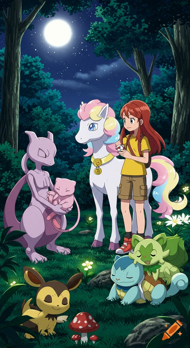 A red-haired trainer girl stands with a Galarian Ponyta in a forest at night. Mewtwo holds Mew, while Sprigatito, Squirtle, and a sleeping Eevee are nearby under a full moon.